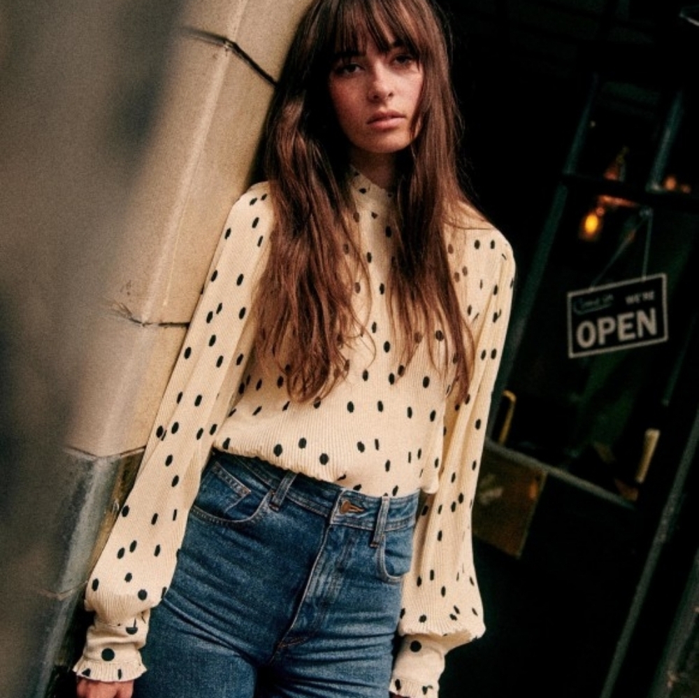 Sezane Rosalinda Blouse Pois Noir Fond Ecru - Size 38